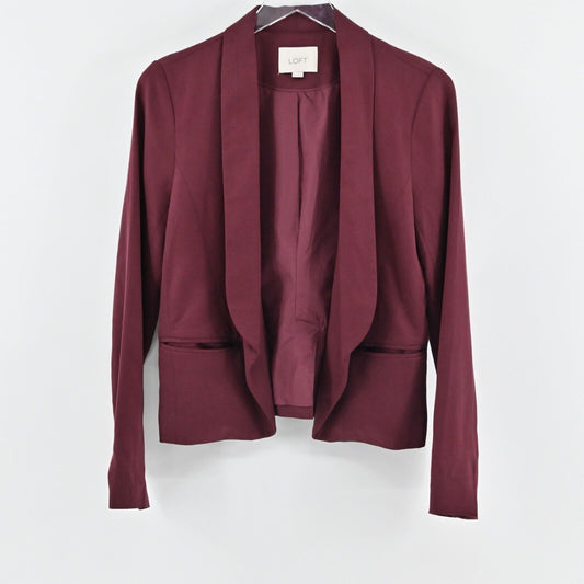 LOFT Blazer Womens Sz XS Burgundy Open Front Shawl Collar Jacket Corpcore Maroon