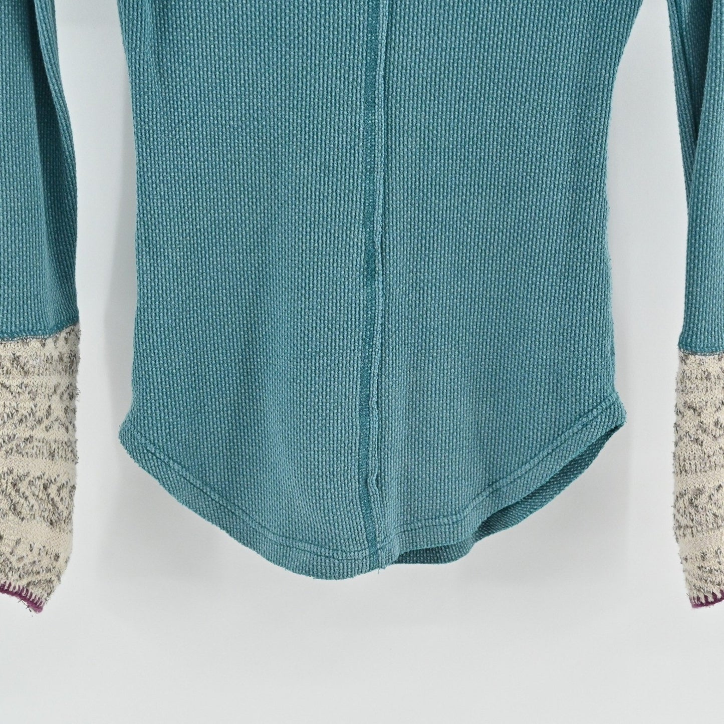 Free People Womens Apline Top Size XS Teal Thermal Waffle Knit Cuff Henley Boho
