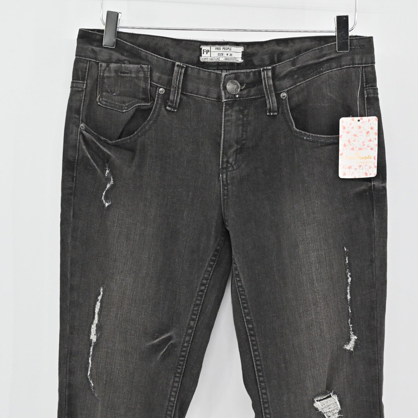 FREE PEOPLE Jeans Womens Sz 28 Coal Miners Washed Black Distressed Boho Festival