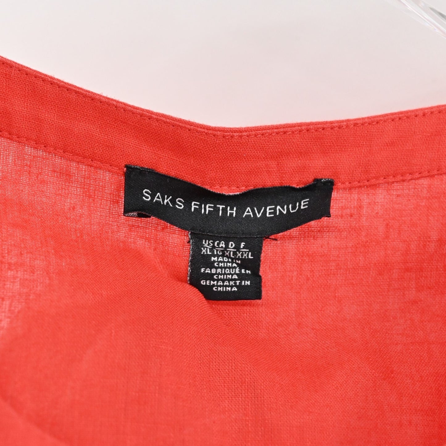 SAKS FIFTH AVENUE Top Womens Size XL Coral Linen Blend Split V Neck Puff Sleeve