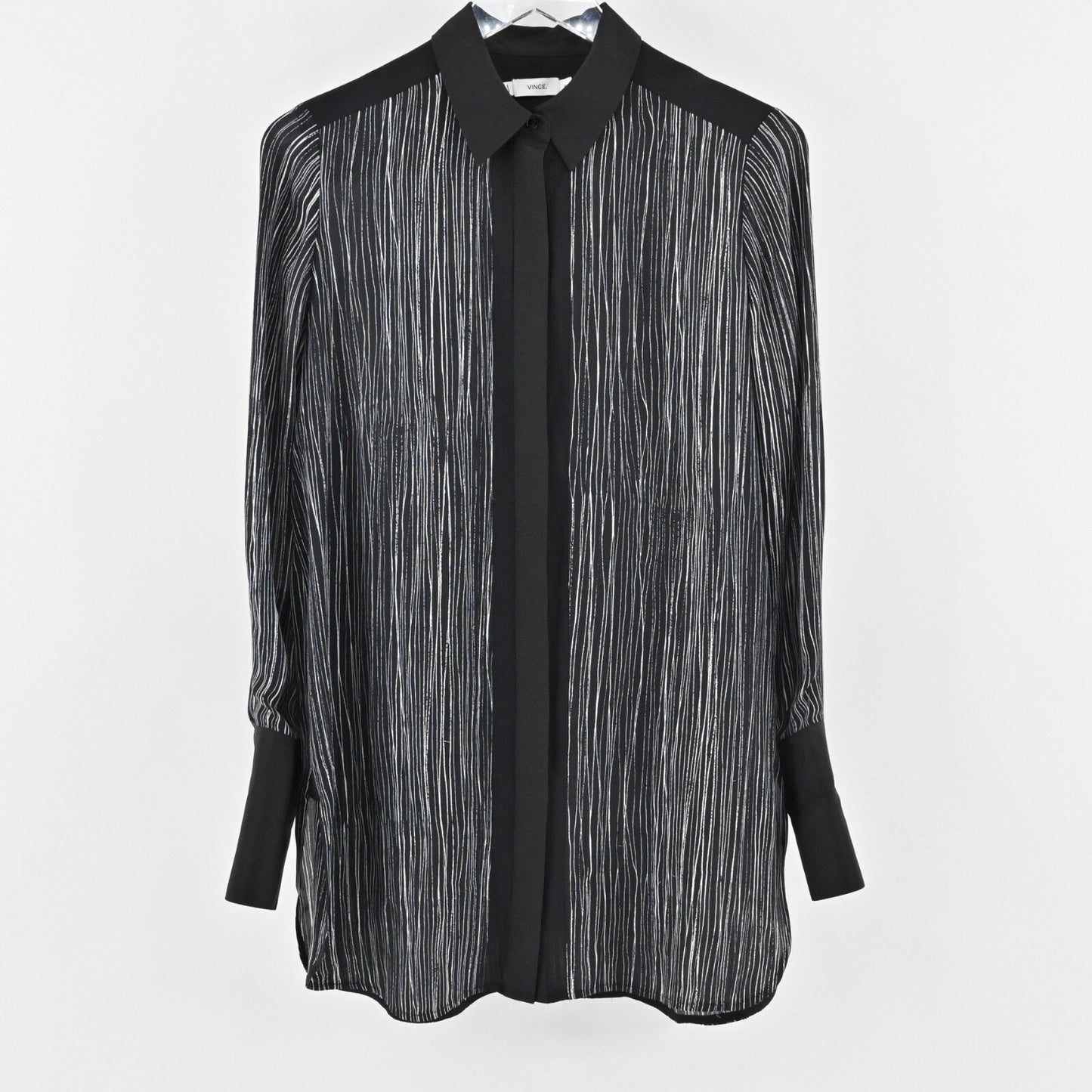VINCE Womens Wavy Stripe Silk Top Sz S Black Long Sleeve Button Career Blouse