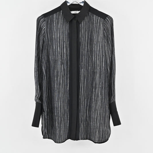 VINCE Womens Wavy Stripe Silk Top Sz S Black Long Sleeve Button Career Blouse