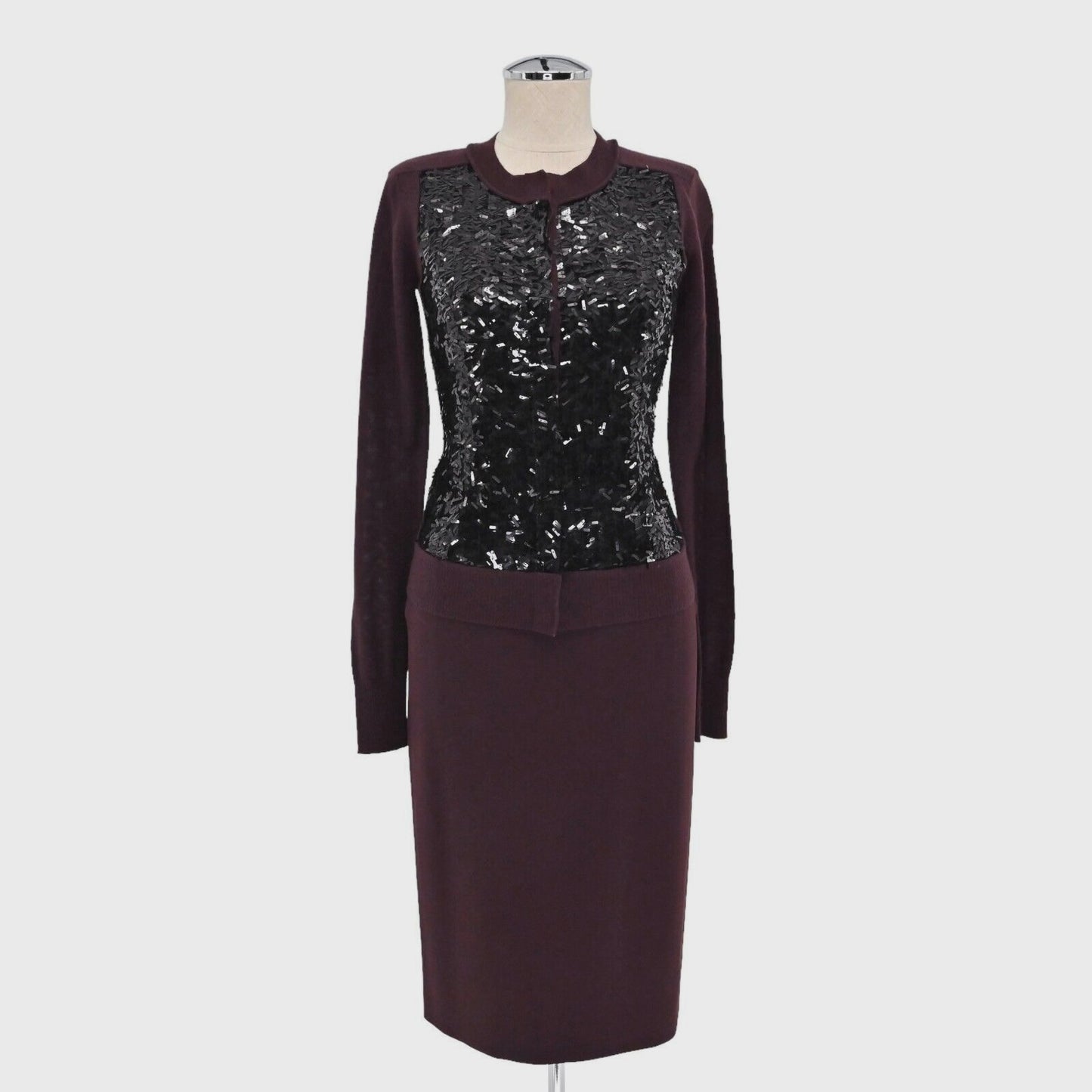 DIANE VON FURSTENBERG Womens Skirt Set Size 0 Cardigan Burgundy Sequin Sweater