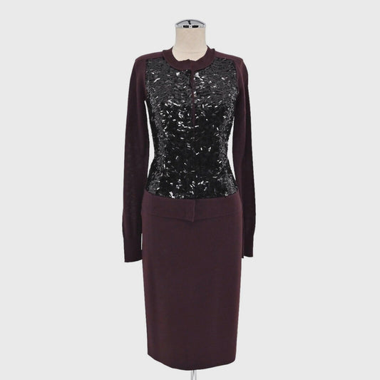 DIANE VON FURSTENBERG Womens Skirt Set Size 0 Cardigan Burgundy Sequin Sweater