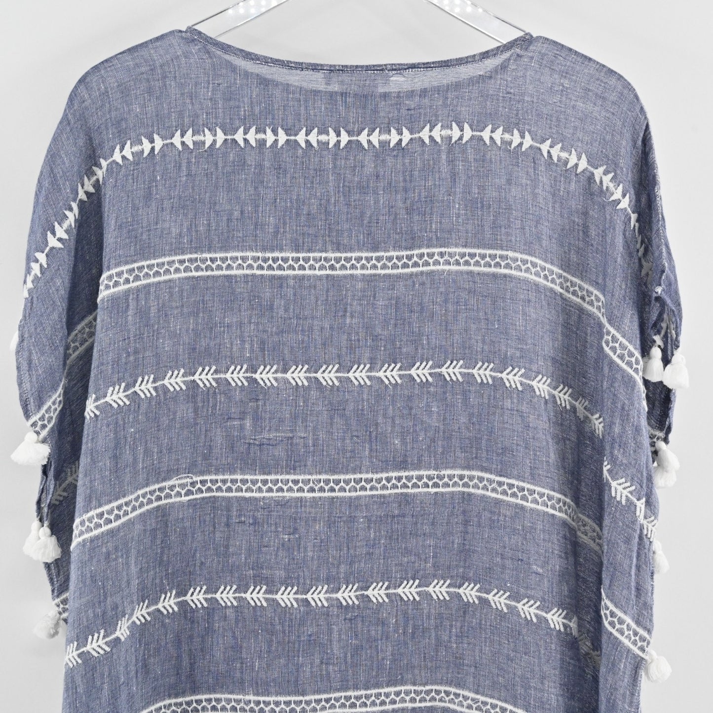 Colors De Opal Womens Linen Tunic OS Chambray White Embroidered Tassel Cover Up