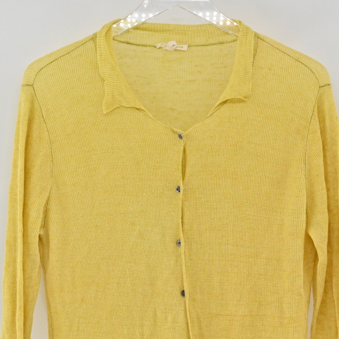 EILEEN FISHER Top Womens Sz L Yellow 100% Linen Knit Long Sleeve Button Up Boho
