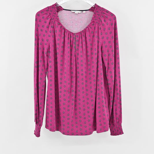 BODEN Top Womens Size 10 Vicky Jersey Blouse Vibrant Plum Print Keyhole Neck