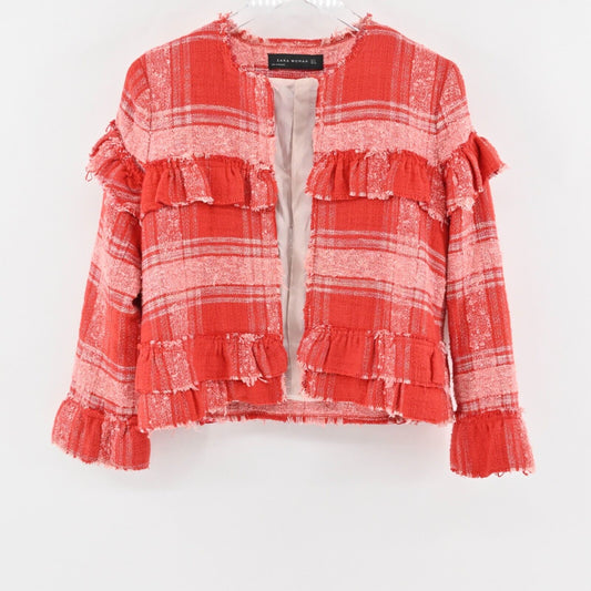 ZARA Blazer Womens Size S Red Pink Plaid Ruffle Tweed Blogger Favorite Jacket