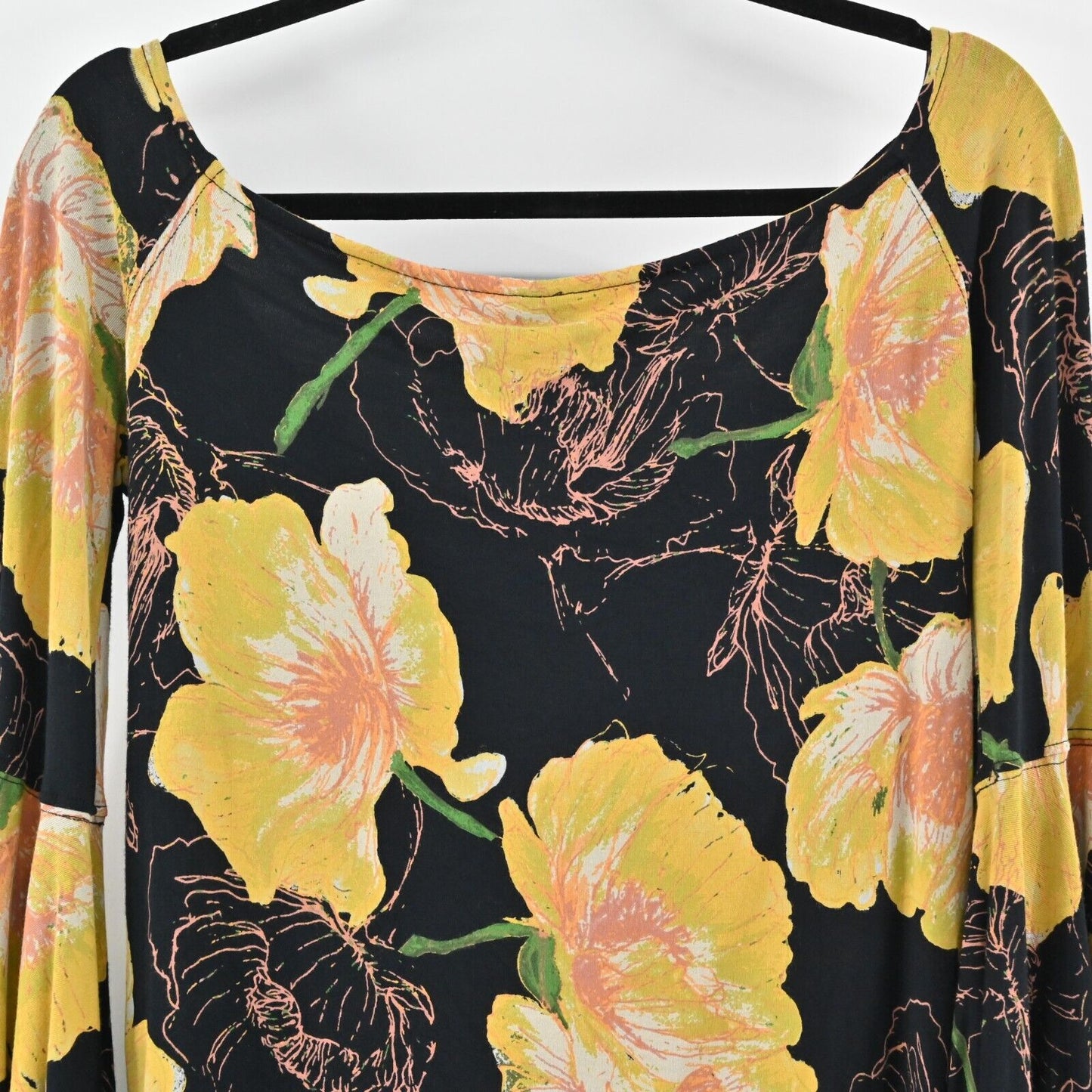 FREE PEOPLE Top Sz L Birds of Paradise Yellow Poppy Off The Shoulder Bell Sleeve