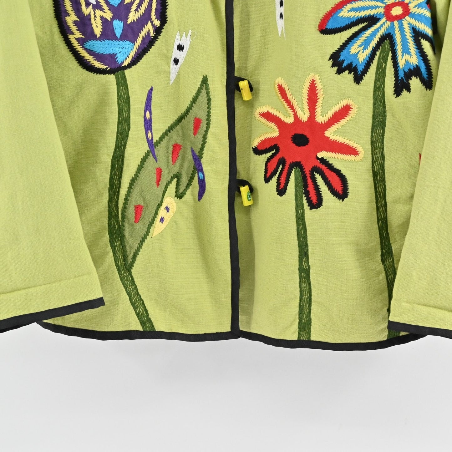 Vtg ALEX KIM Womens Embroidered Jacket Size L Green Floral Toggle Linen Art Wear