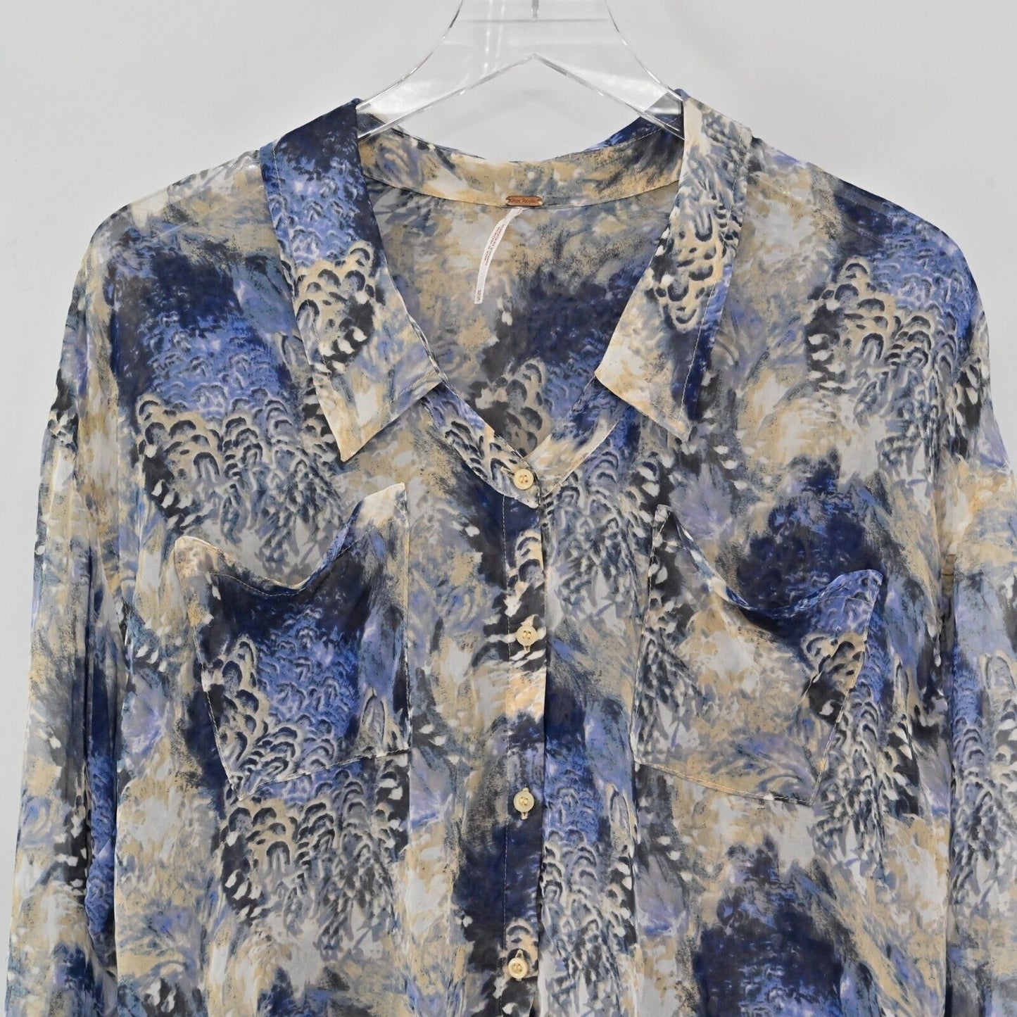 FREE PEOPLE Top Womens Sz XS Easy Rider Long Sleeve Abstract Print Sheer Blouse