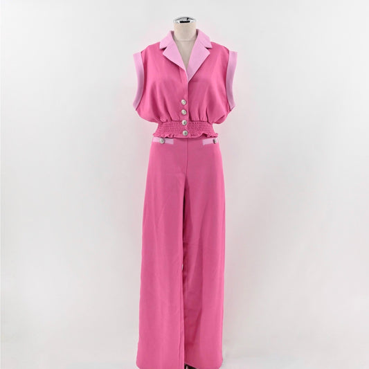 Lillys Kloset Womens Pink Wide Leg Pant Set Size L Shirred Collar Barbiecore New