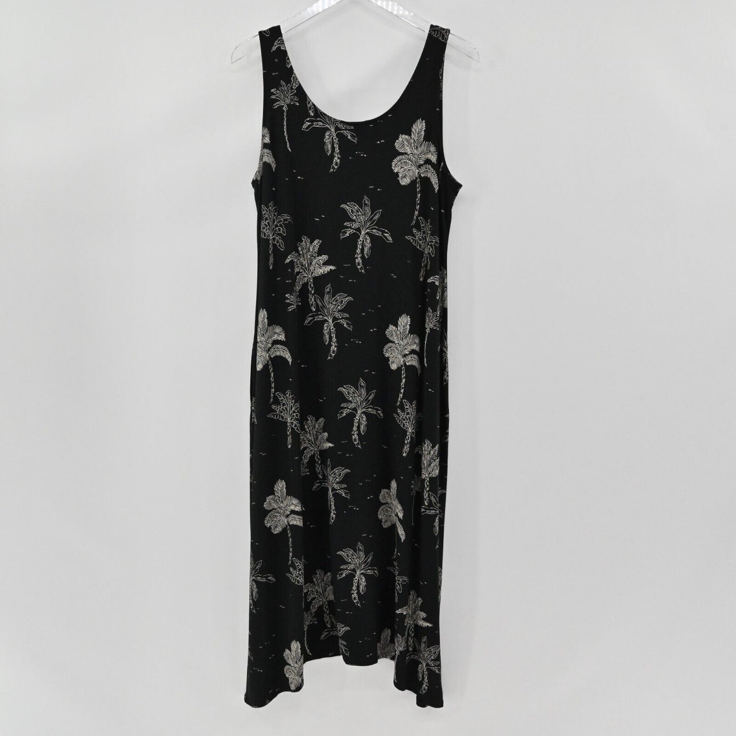 J JILL Dress Sz M Sleeveless Jersey Tropical Palm Black Wearever Collection NEW