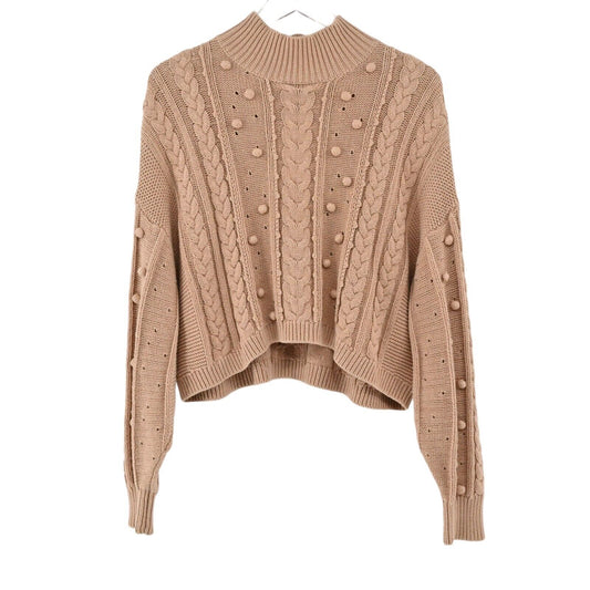 NICHOLAS Sweater Womens Size XL Crop Cozy Tan Mock Neck Popcorn Cable Knit FLAW