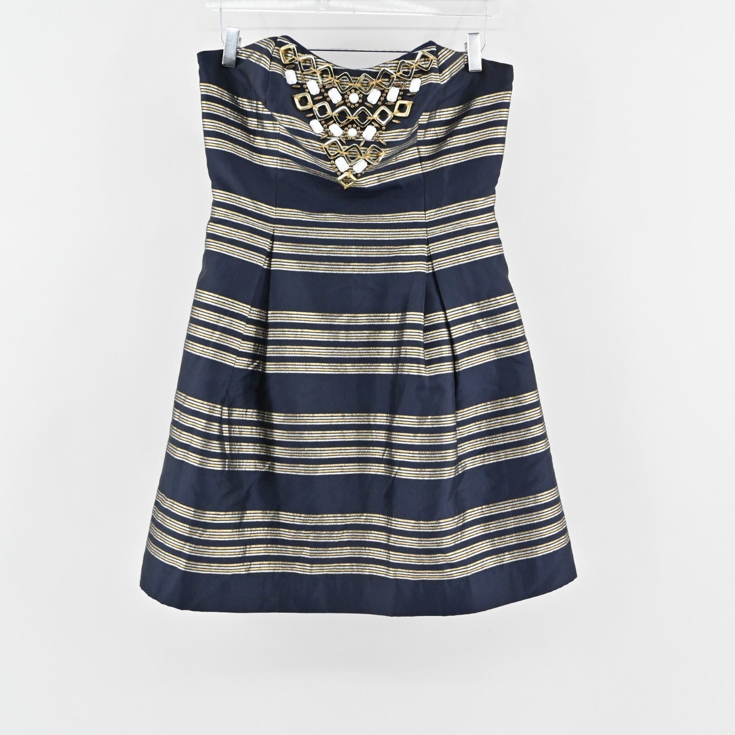 LILLY PULITZER Sami Dress Sz 10 Ryan Navy Metallic Stripe Embellished Strapless
