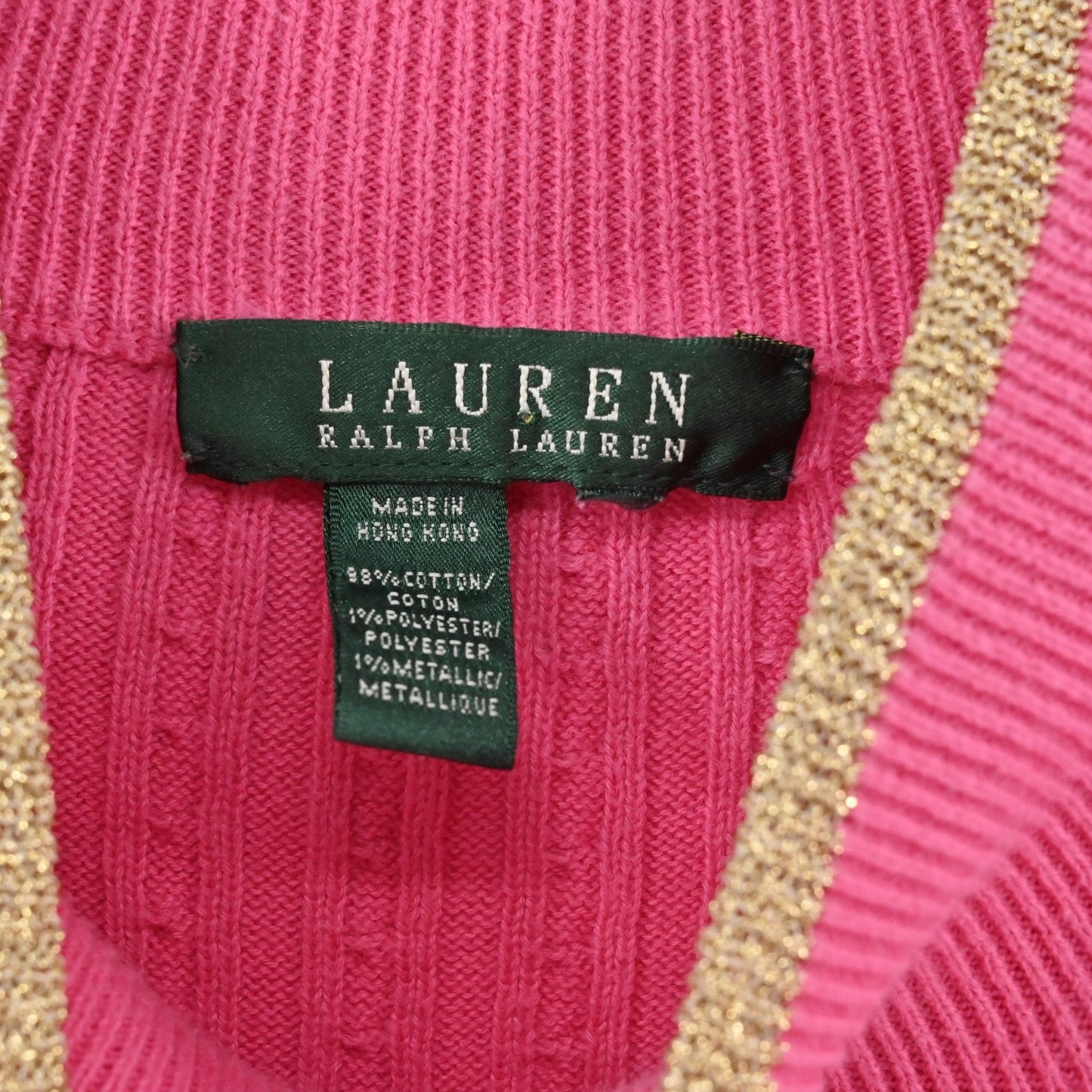 Ralph Lauren Womens Zip Cardigan Sweater Size L Pink Cable Knit Cotton Metallic