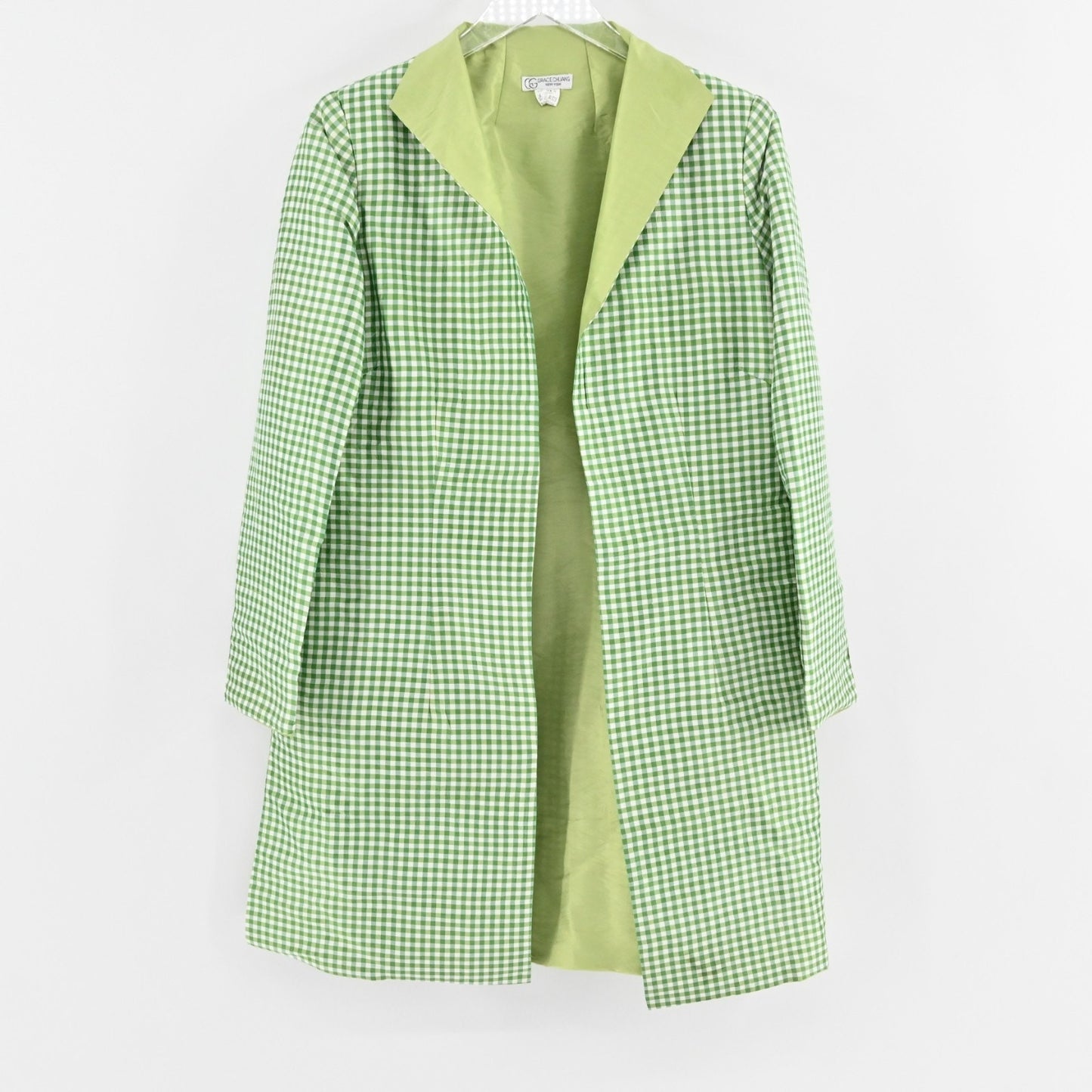 Vtg GRACE CHUANG Womens Silk Green Jacket Size M Gingham Open Front Longline