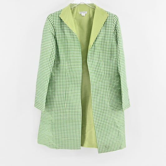 Vtg GRACE CHUANG Womens Silk Green Jacket Size M Gingham Open Front Longline