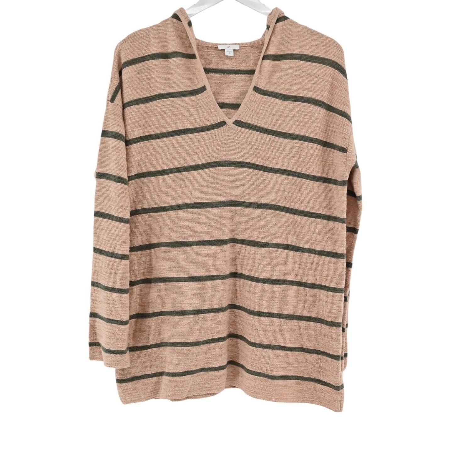 J JILL Sweater Womens Size S Tall Knit Olive Green Tan Stripe Long Sleeve Hoodie