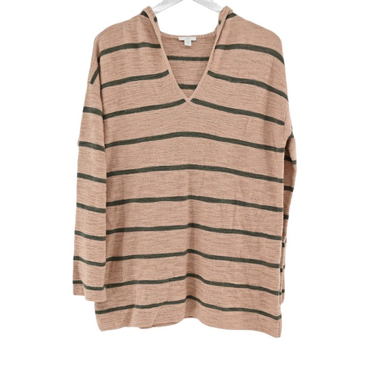 J JILL Sweater Womens Size S Tall Knit Olive Green Tan Stripe Long Sleeve Hoodie