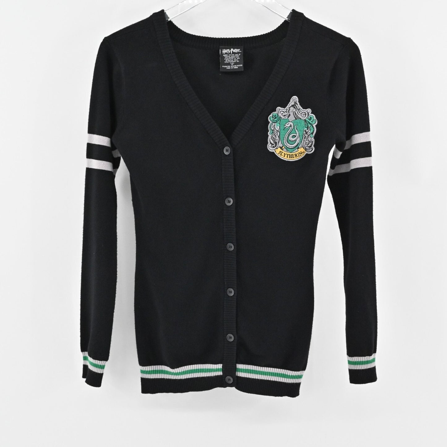 HARRY POTTER Womens Slytherin Cardigan Sz XS Button Front Knit Sweater Hogwarts