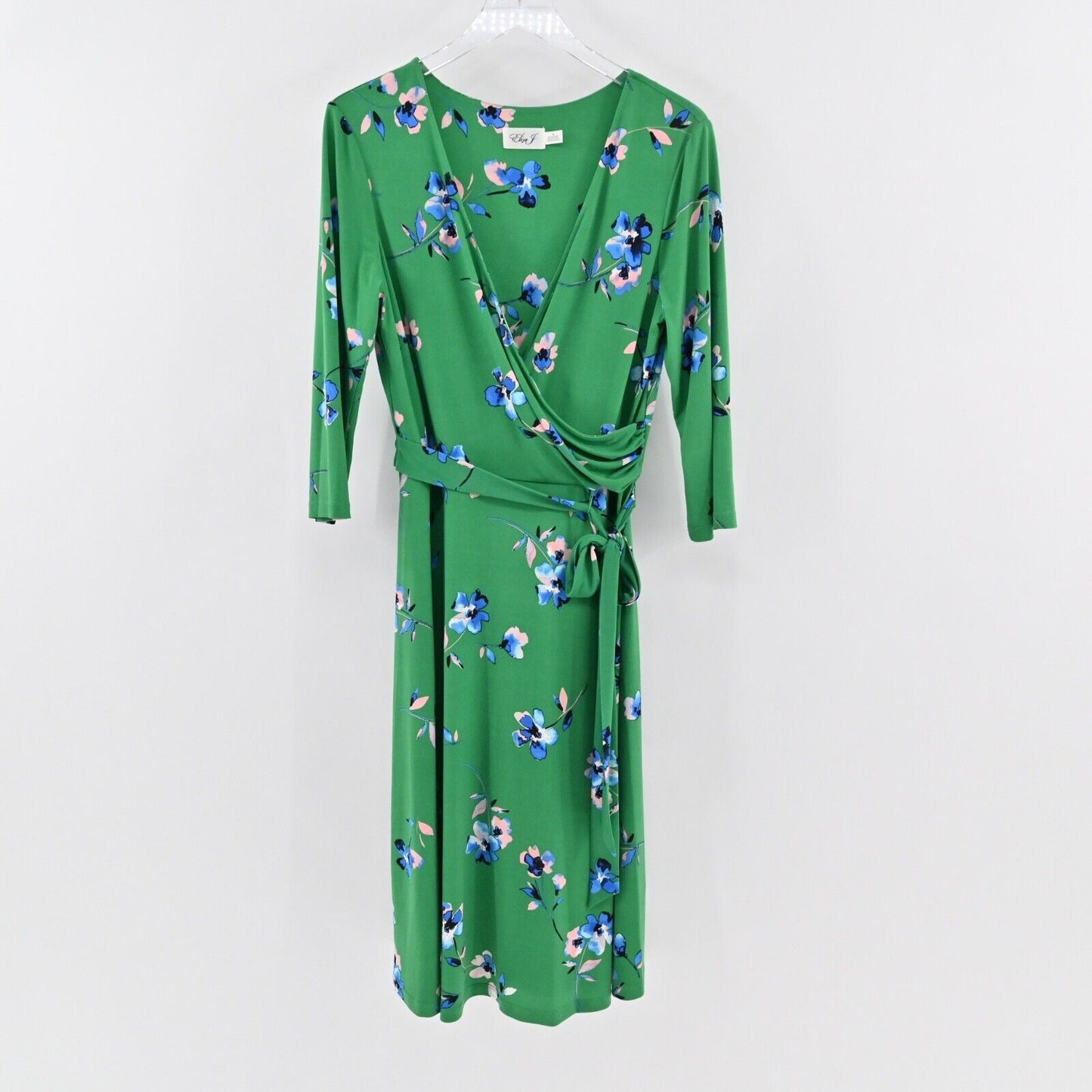 ELIZA J Dress Size 14 Green Floral V Neck Long Sleeve Tie Belt Faux Wrap Midi