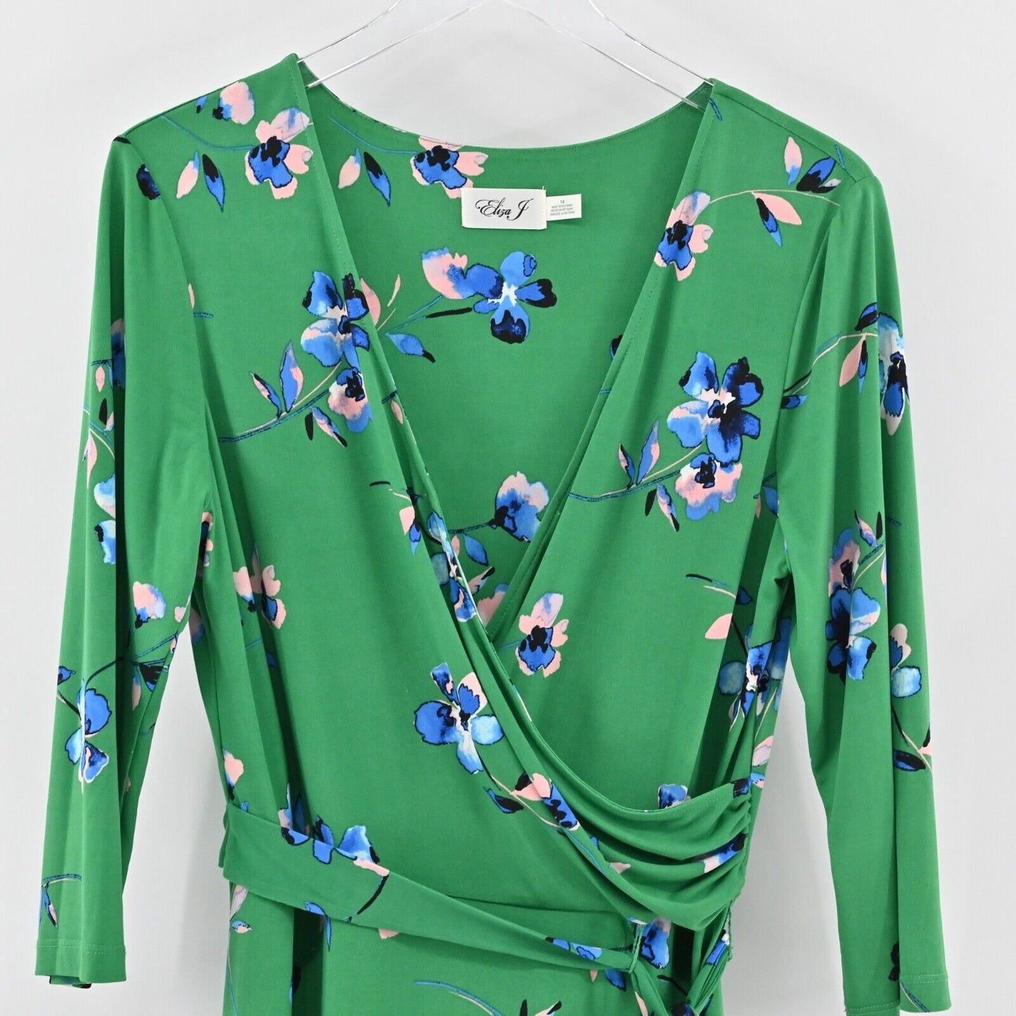 ELIZA J Dress Size 14 Green Floral V Neck Long Sleeve Tie Belt Faux Wrap Midi