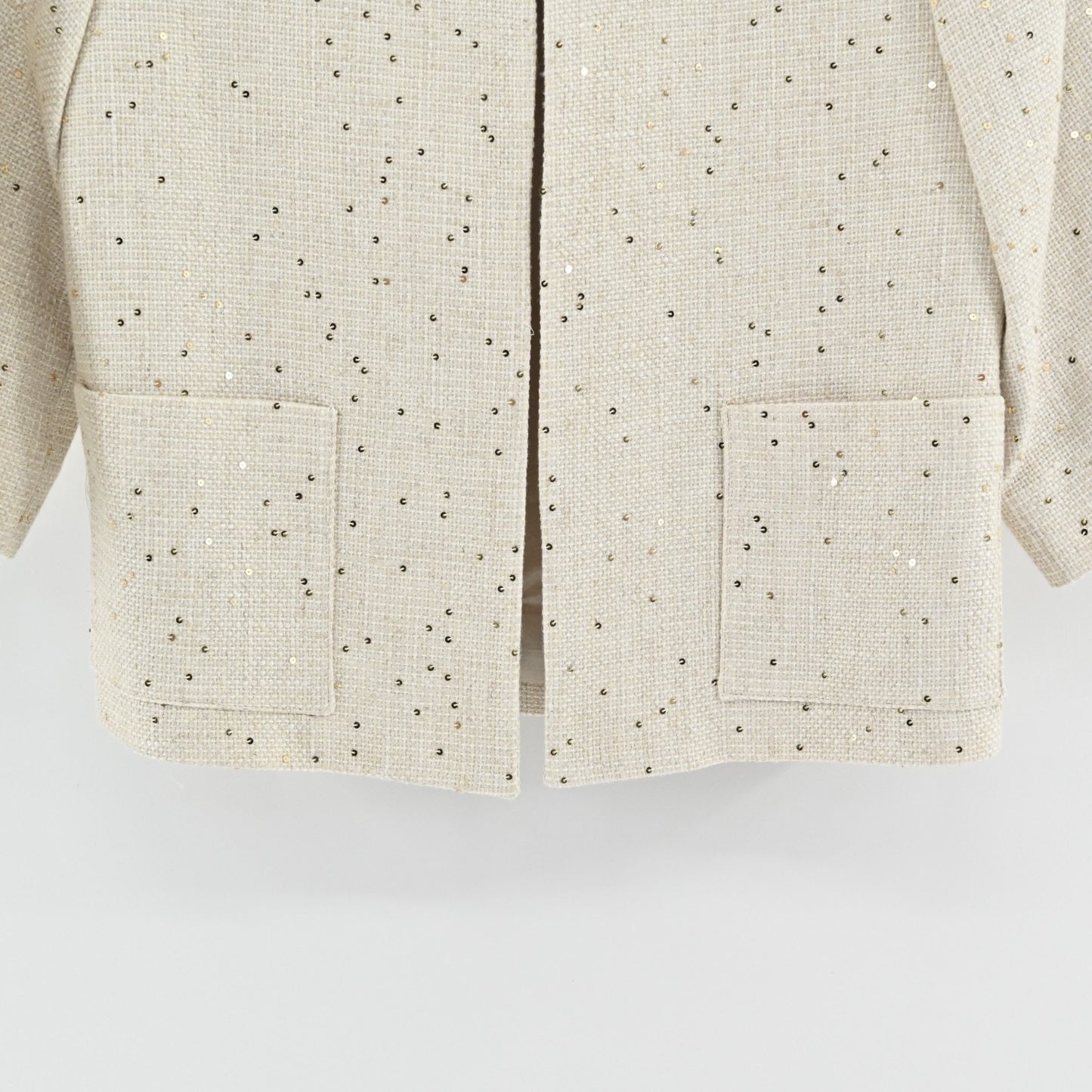 Louben Womens Ivory Gold Tweed Blazer Size 6 Linen Gold Sequin Retro Glam Jacket