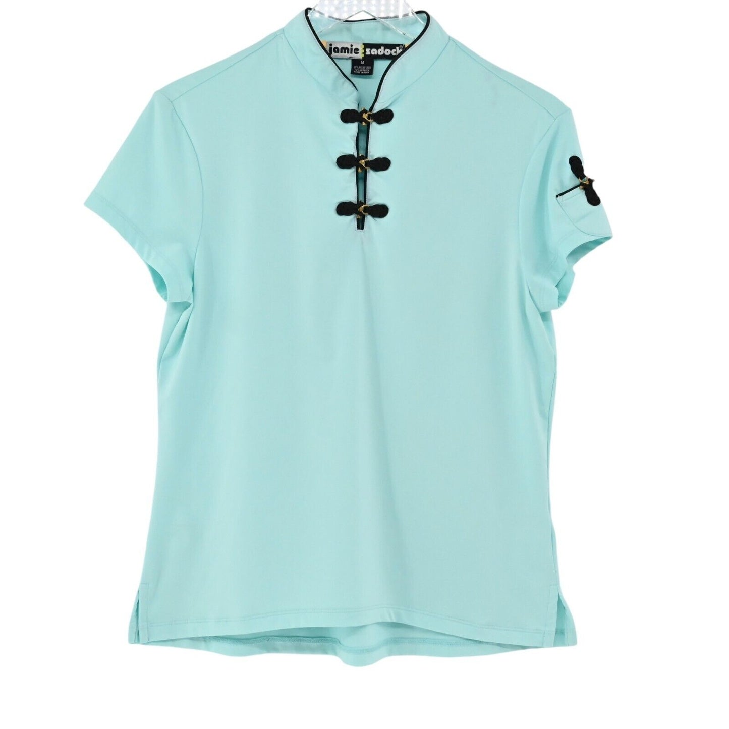 JAMIE SADOCK Top Womens Sz M Blue Mandarin Collar Frog Toggle Short Sleeve Golf