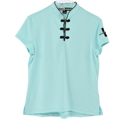 JAMIE SADOCK Top Womens Sz M Blue Mandarin Collar Frog Toggle Short Sleeve Golf