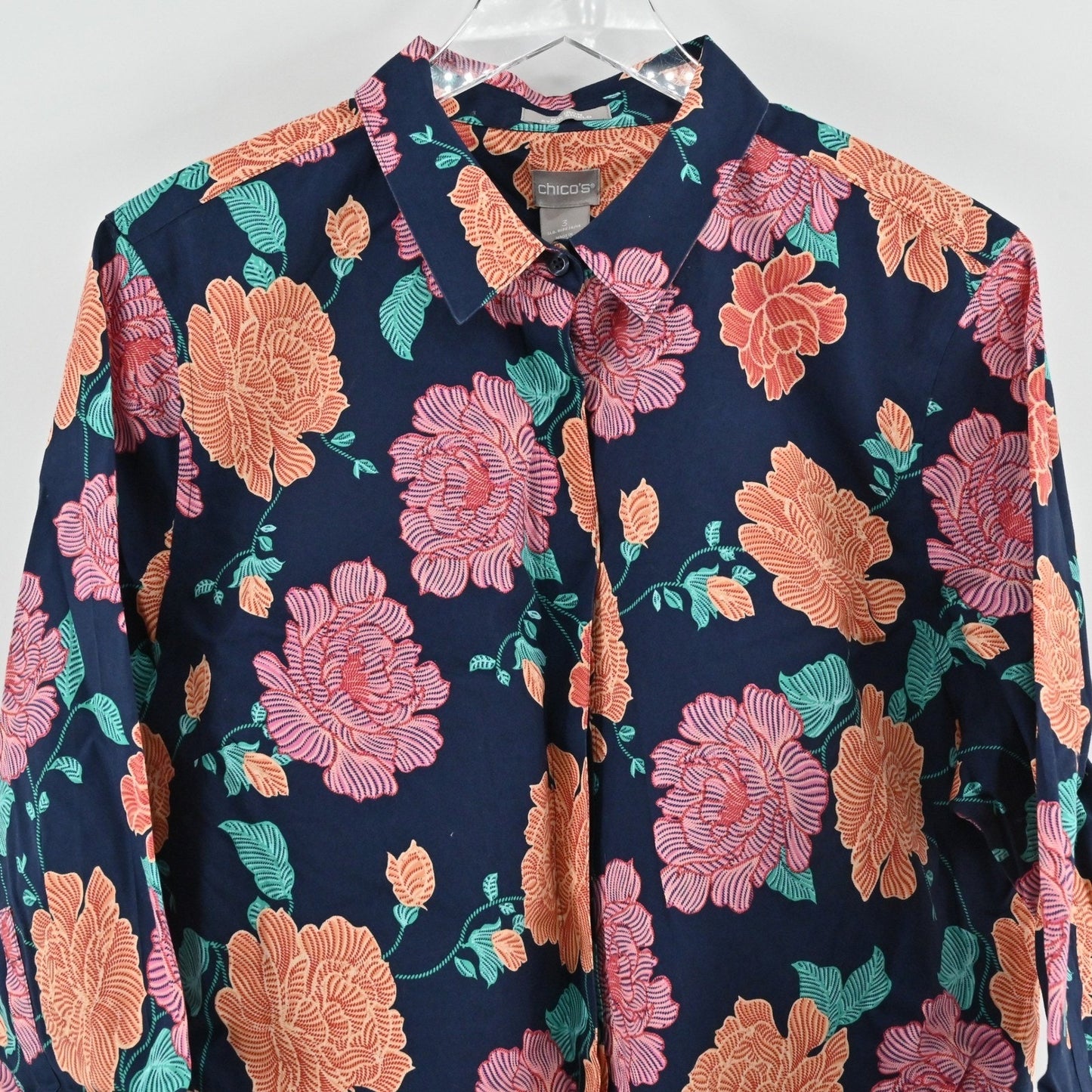 CHICOS Womens Top Size XL Cotton Floral Button Tropical Vibrant Orange Pink