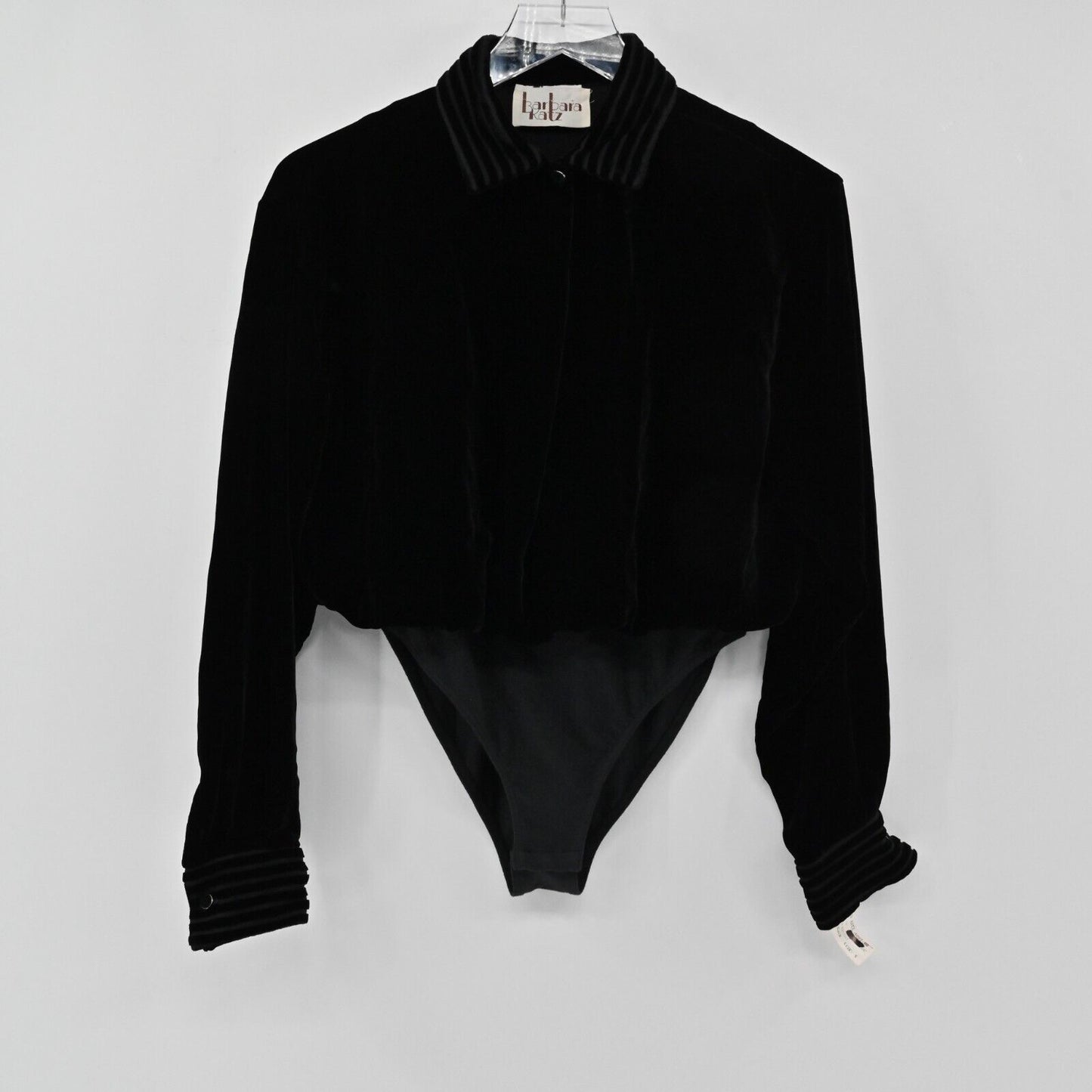 Vtg BARBARA KATZ Velvet Bodysuit Womens Size S Black Long Sleeve 80s Deadstock