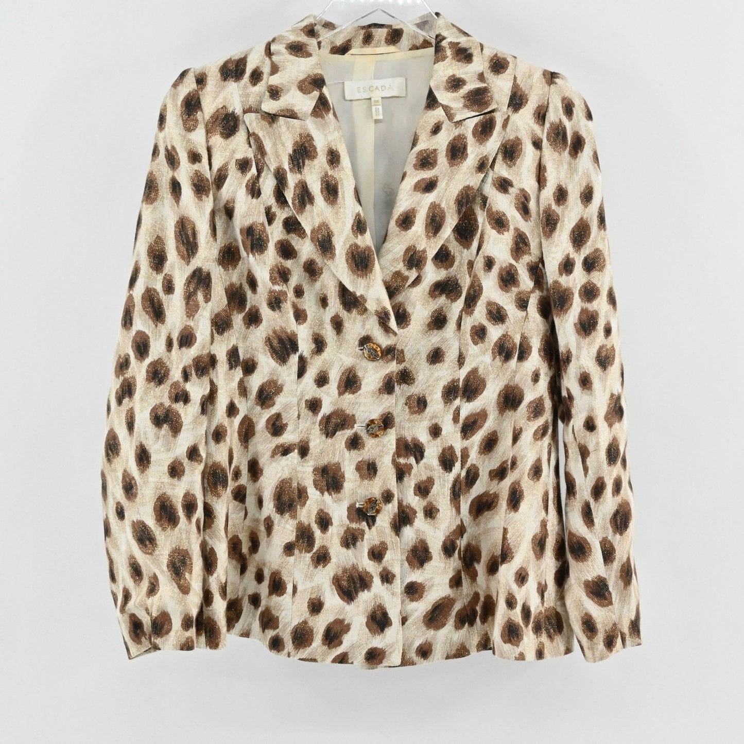 Vtg Escada Womens Blazer Size 36 Leopard Print Linen Gold Metallic Jacket Luxury