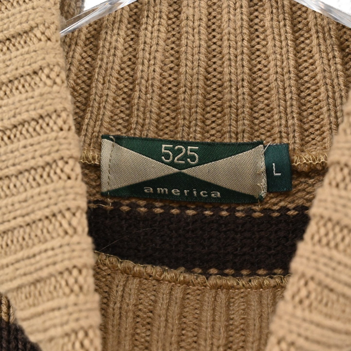 525 AMERICA Womens Striped Sweater Size L Brown Tan Turtleneck Knit Whipstitch
