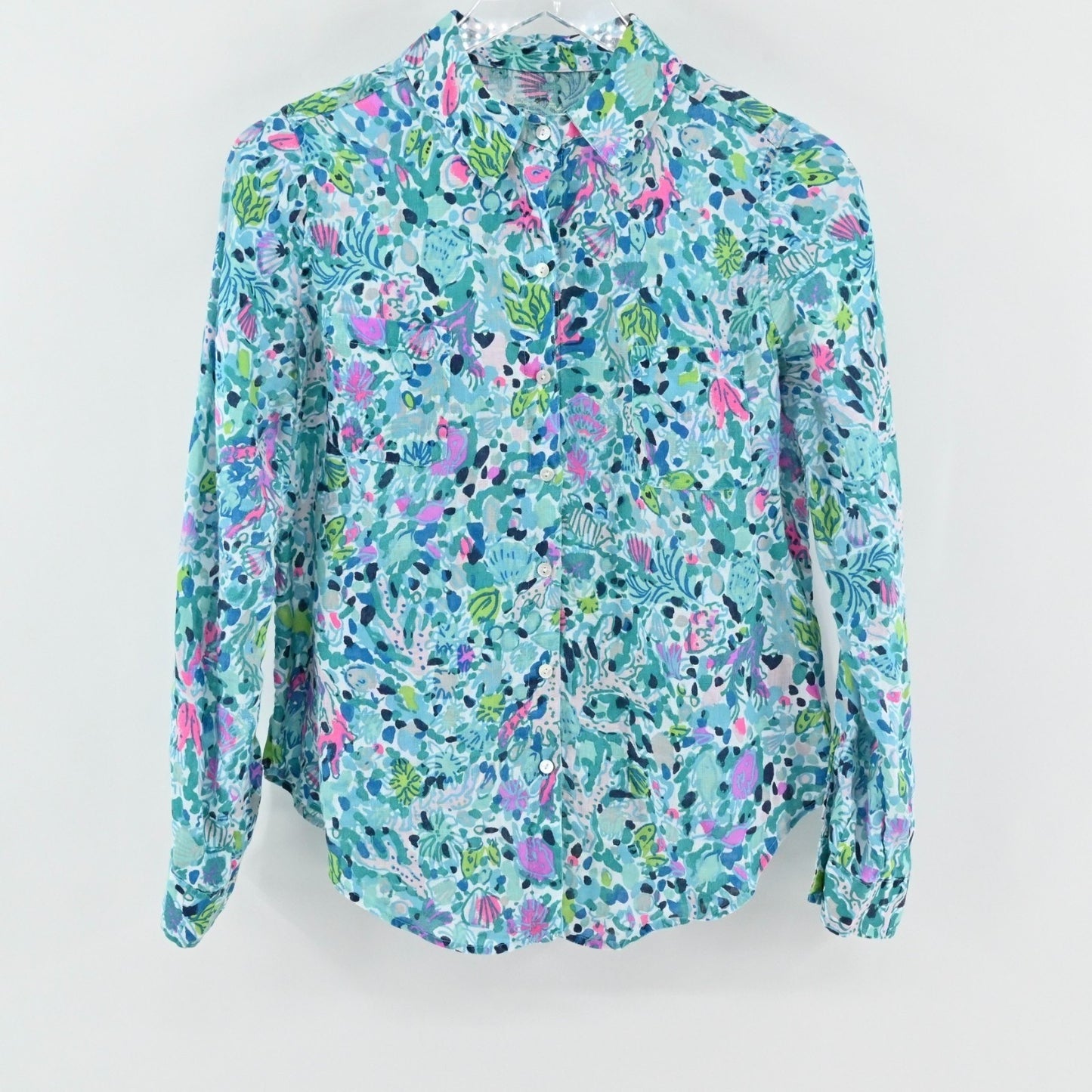 Lilly Pulitzer Sea View Linen Button Down Top Size XS Multi Dive Bar Button Blue