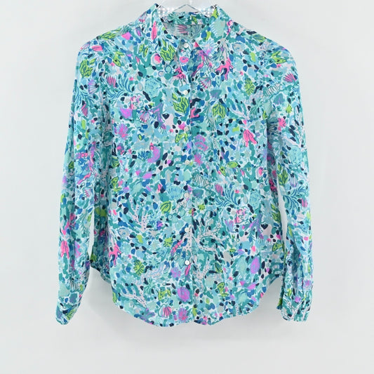 Lilly Pulitzer Sea View Linen Button Down Top Size XS Multi Dive Bar Button Blue