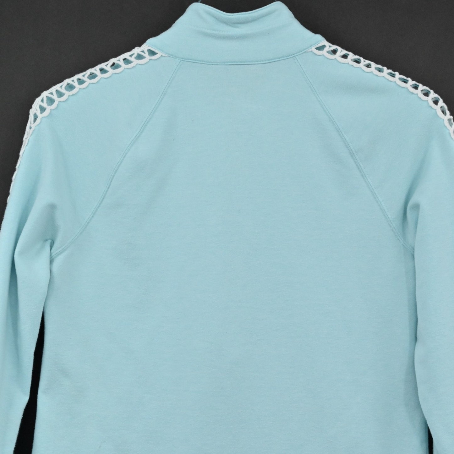 Lilly Pulitzer Womens Skipper Pullover Size S Teal Mock Neck Crochet Sweatshirt