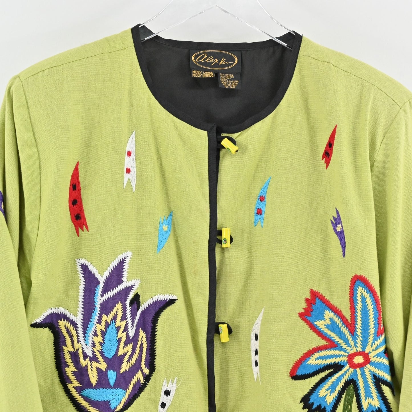 Vtg ALEX KIM Womens Embroidered Jacket Size L Green Floral Toggle Linen Art Wear