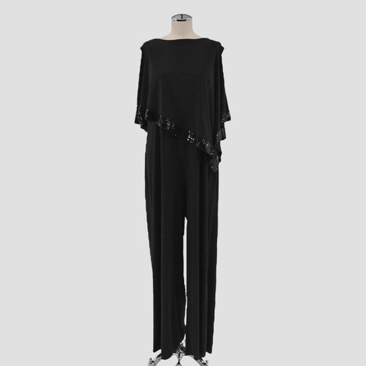 ADRIANNA PAPELL Jumpsuit Womens Size 14 Black Sequin Boat Neck Poncho Style NEW