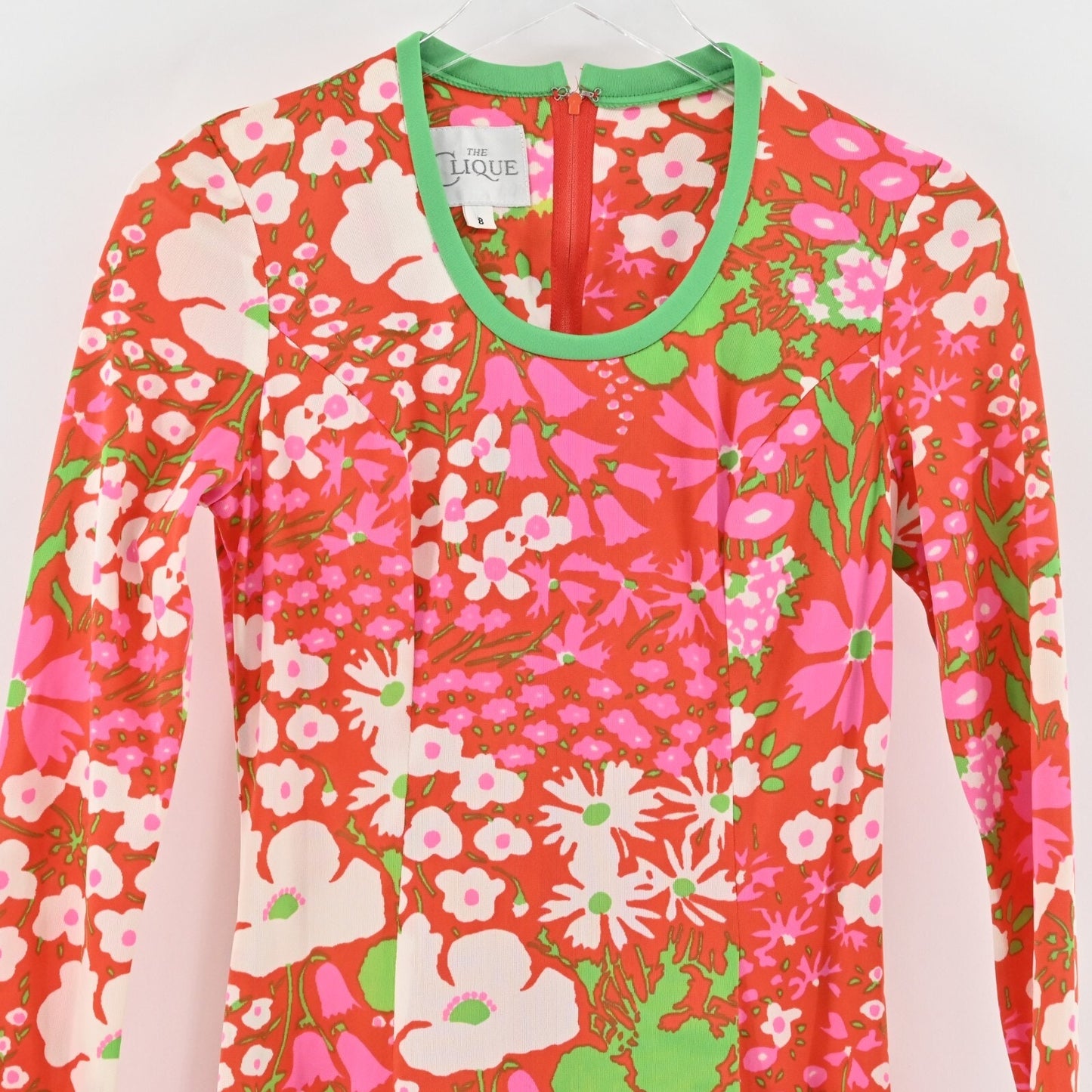 70s Maxi Dress Long Sleeve Floral Pink Green Retro THE CLIQUE Size S - Vtg 8
