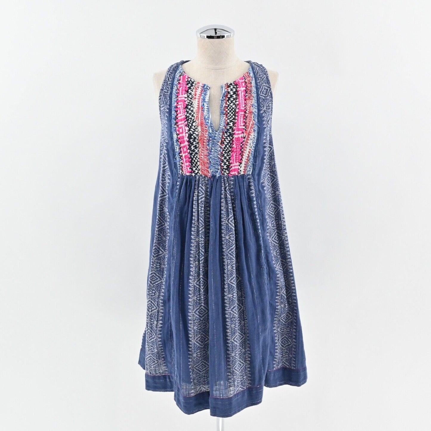ANTHROPOLOGIE Dress Sz 0 Blue Embroidered Metallic Cotton Morwen Shift AKEMI KIN