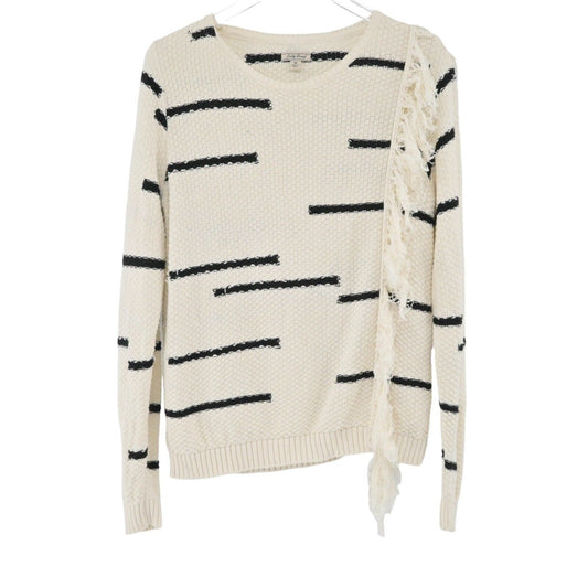 LUCKY BRAND Sweater Womens Sz Medium Fringe Pullover Long Sleeve Stripe Natural