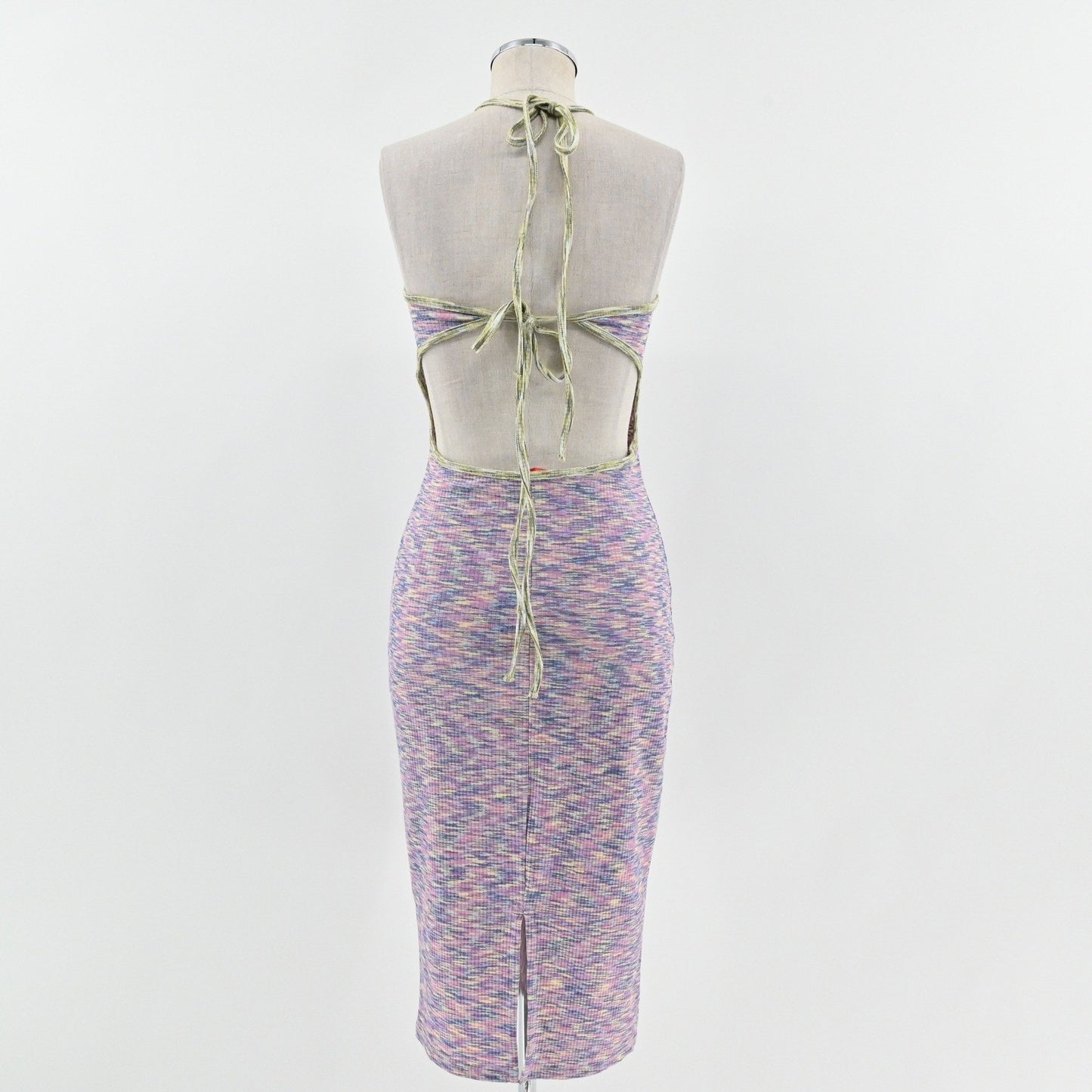 Lisa Says Gah Julia Halter Midi Dress Size S Tie Back Bodycon Ribbed Multicolor