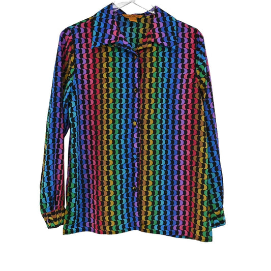 Vtg MILANO Top Womens Sz S Black Rainbow Crescent Moon Button Up Long Sleeve Y2k