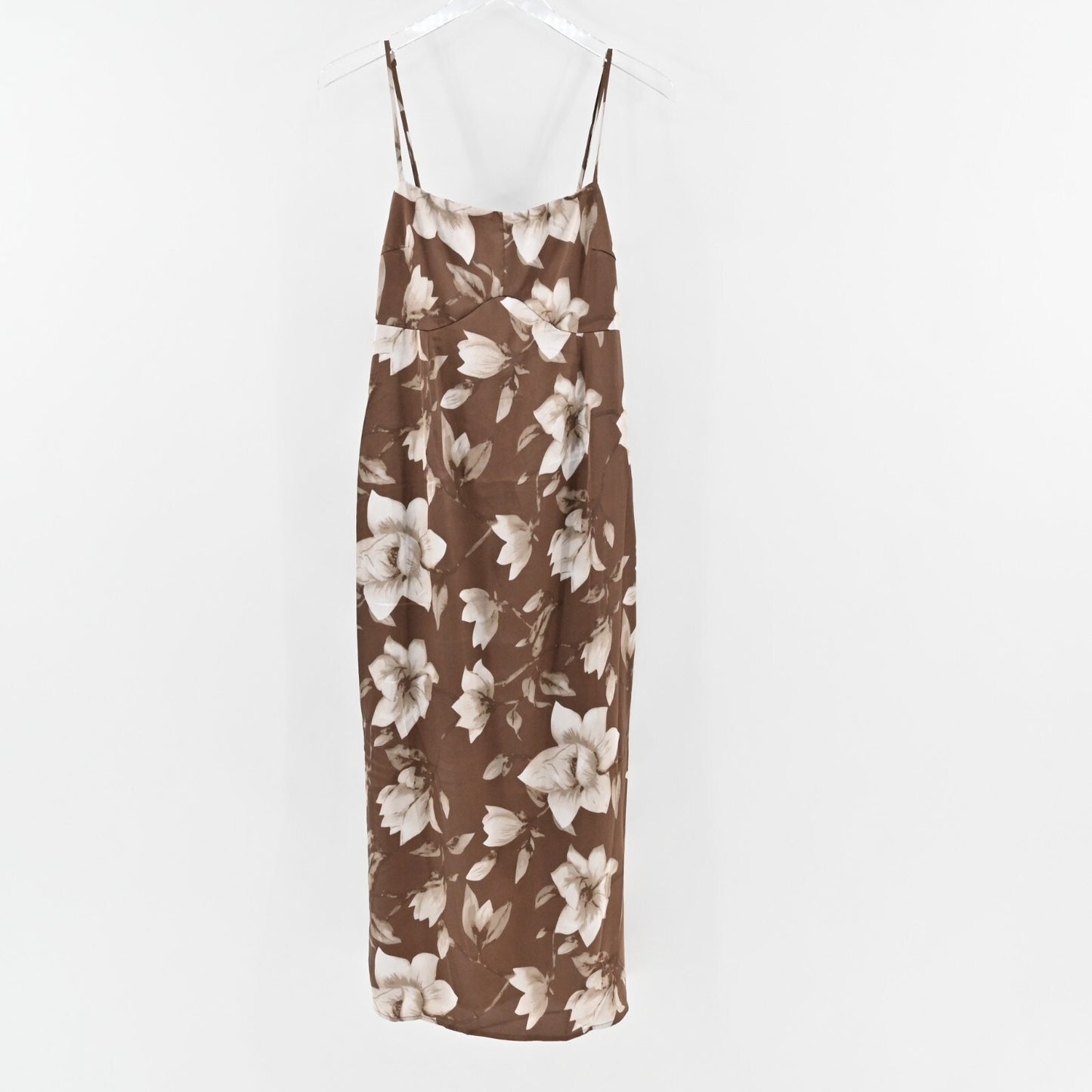 LULUS Midi Dress Size L Naturally Serene Brown Floral Satin Seamed Sleeveless