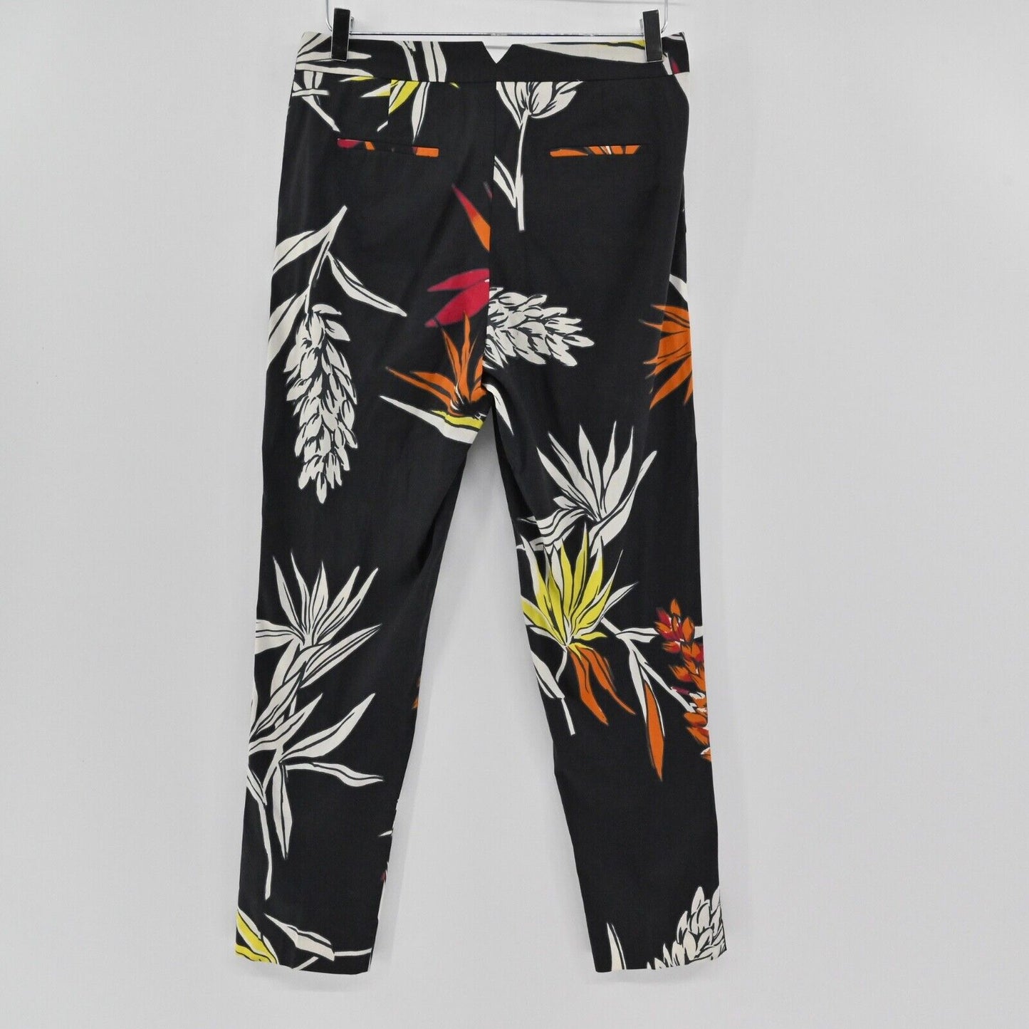 BEATRICE B Pants Women Sz M Black Tropical Floral Cotton Mid Rise Pleated Skinny