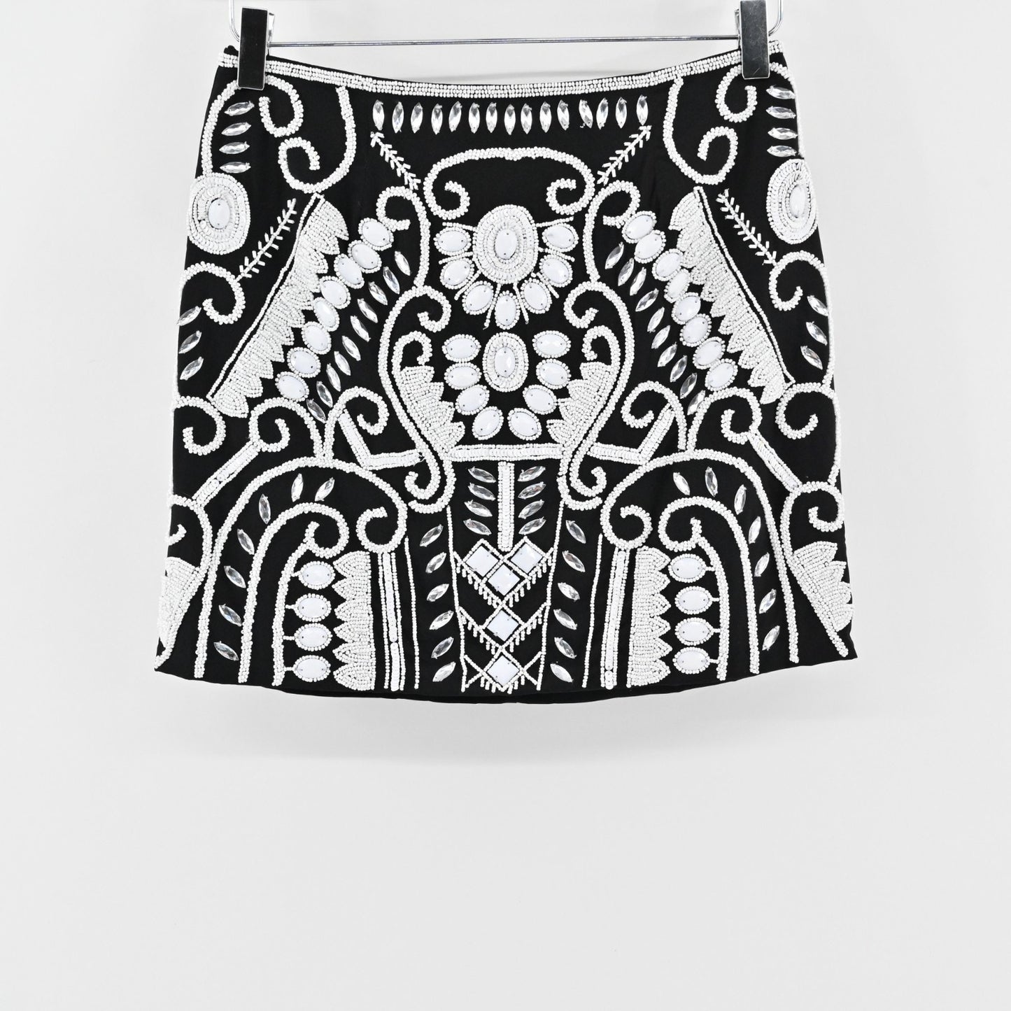 Alexis Womens Beaded Mini Skirt Size S Black White Rhinestone Embellished Luxe