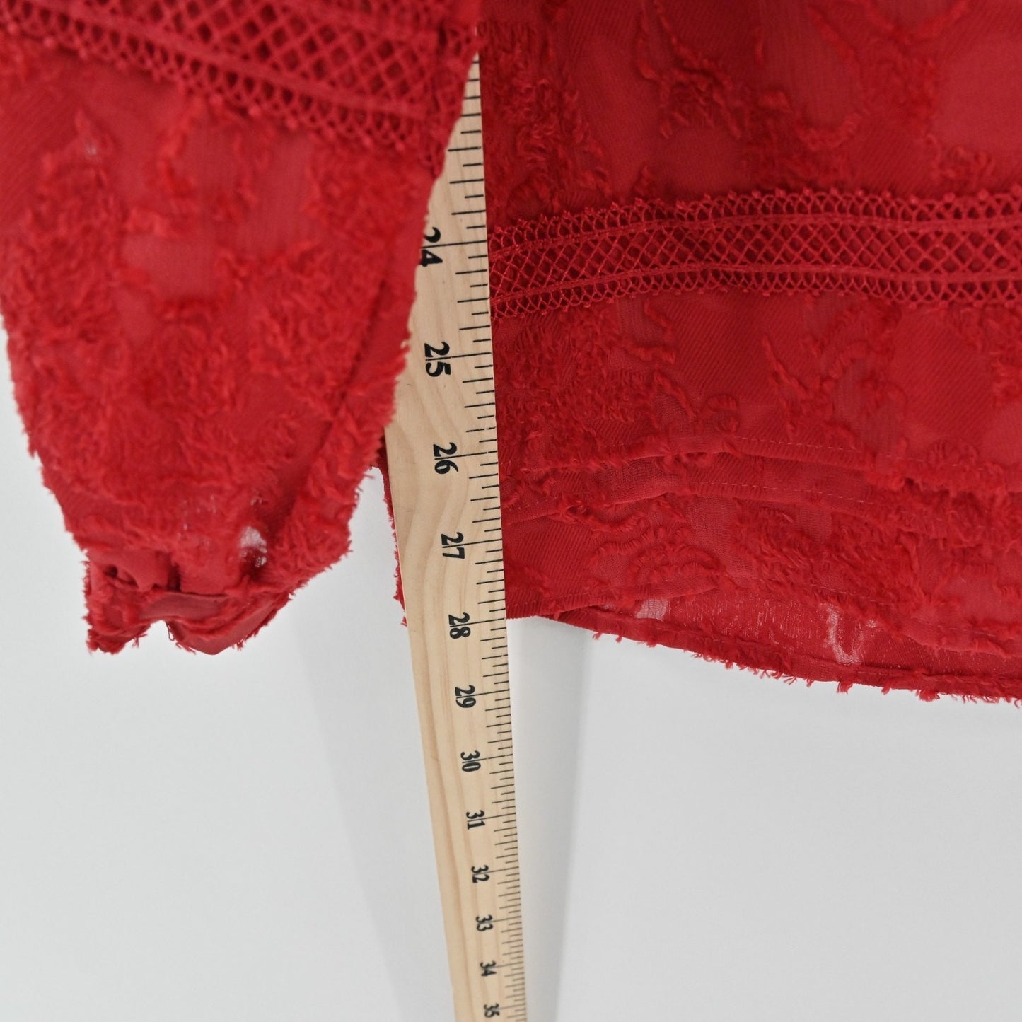 Chicos Clipped Jacquard Tie Front Top Size L Razzie Red Popover Balloon Sleeve