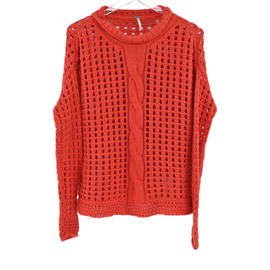 FREE PEOPLE Sweater Womens Size S Red Open Knit Long Sleeve Roll Neck Top Boxy
