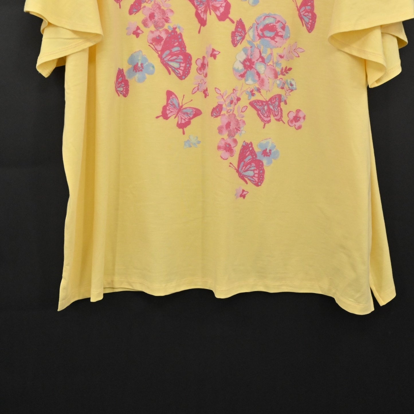 Quacker Factory Womens VNeck Yellow Pink Butterfly Top Sz 3X Rhinestone Tee NEW